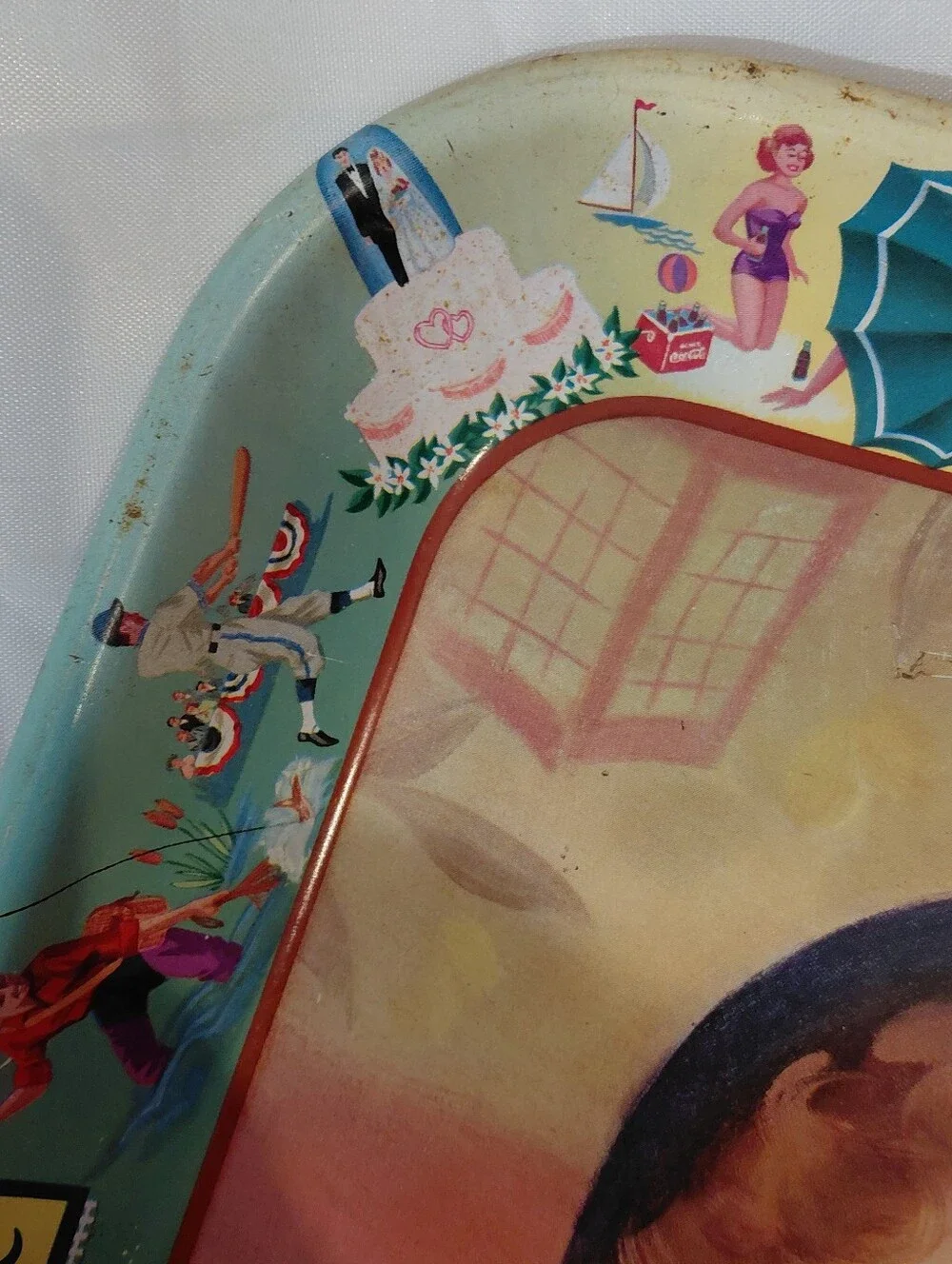 Coca Cola Vintage Girl Serving Tray in Red, Blue, Green, Cream